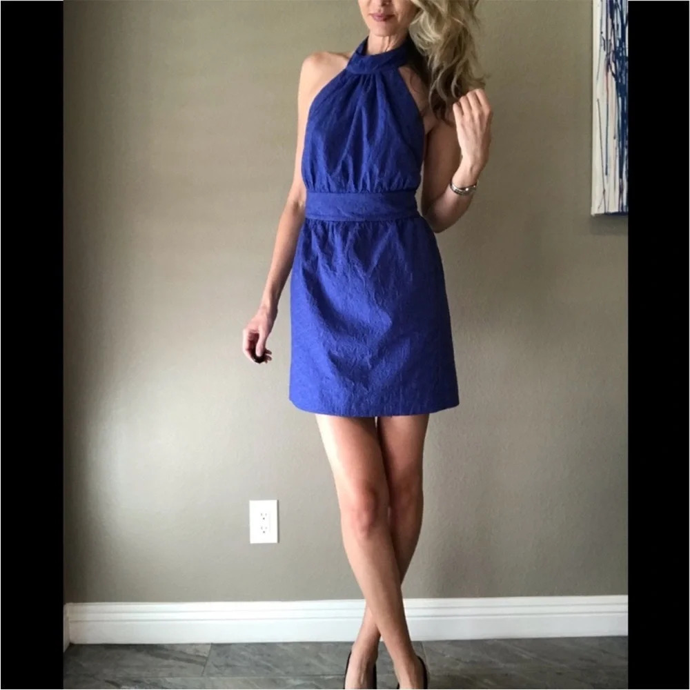 Betsey Johnson Blue Eyelet Halter Backless Mini Cocktail Garden Wrap Dress Sz 10